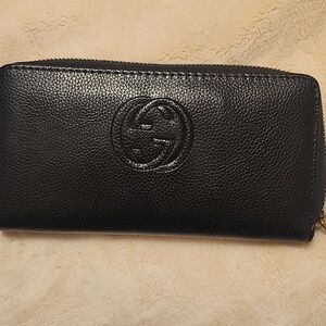 Black Leather Zip Wallet with Embossed Logo